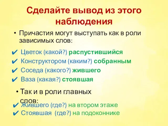 Сделайте вывод из этого наблюдения Причастия могут выступать как в роли зависимых