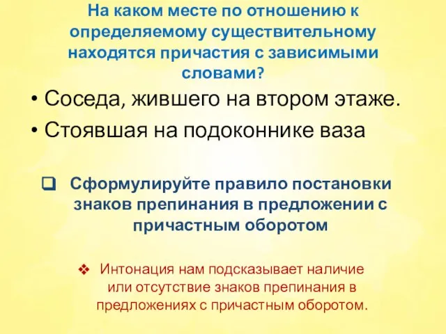 На каком месте по отношению к определяемому существительному находятся причастия с зависимыми