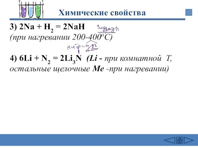 Химические свойства 3) 2Na + Н2 = 2NaН (при нагревании 200-400oC) 4)