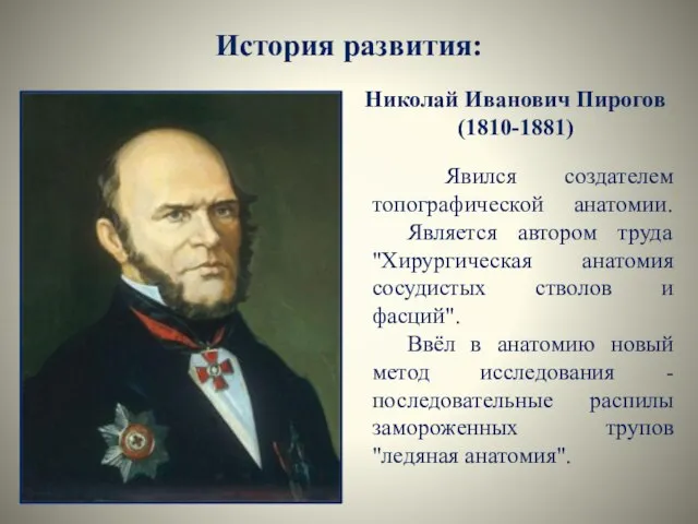 История развития: Николай Иванович Пирогов (1810-1881) Явился создателем топографической анатомии. Является автором