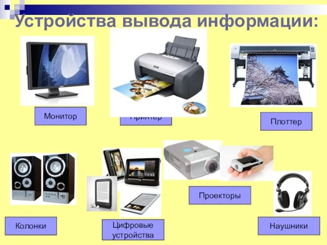 Колонки Монитор Принтер Наушники Устройства вывода информации: Плоттер Цифровые устройства Проекторы