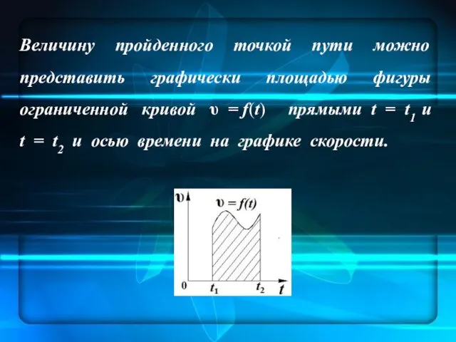 Величину пройденного точкой пути можно представить графически площадью фигуры ограниченной кривой υ