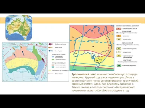 Тропический пояс занимает наибольшую площадь материка. Круглый год здесь жарко и сухо.