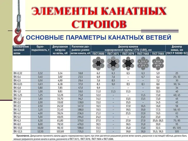 ОСНОВНЫЕ ПАРАМЕТРЫ КАНАТНЫХ ВЕТВЕЙ ЭЛЕМЕНТЫ КАНАТНЫХ СТРОПОВ