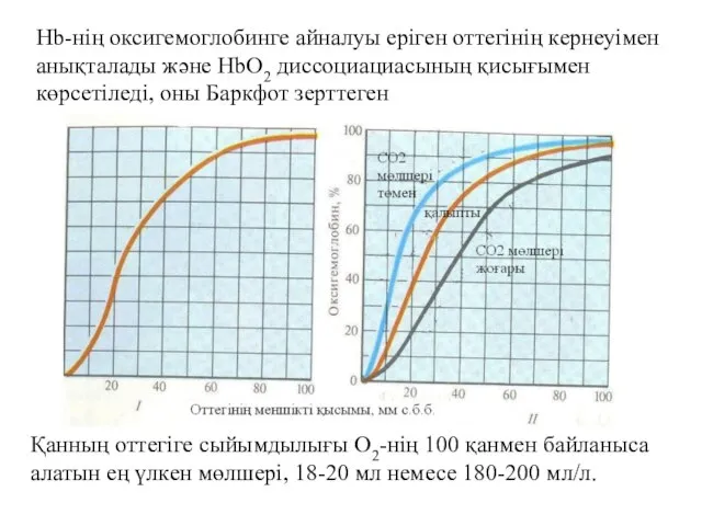 Hb-нің оксигемоглобинге айналуы еріген оттегінің кернеуімен анықталады және HbО2 диссоциациасының қисығымен көрсетіледі,