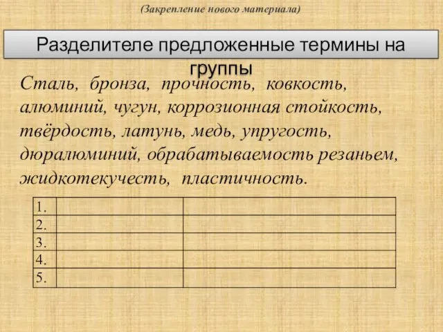 (Закрепление нового материала) Разделителе предложенные термины на группы Сталь, бронза, прочность, ковкость,