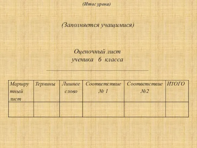 Оценочный лист ученика 6 класса _______________________________ (Итог урока) (Заполняется учащимися)