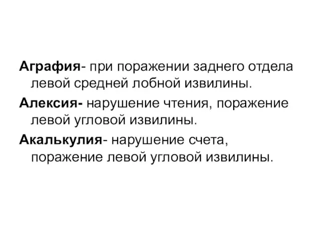 Аграфия- при поражении заднего отдела левой средней лобной извилины. Алексия- нарушение чтения,