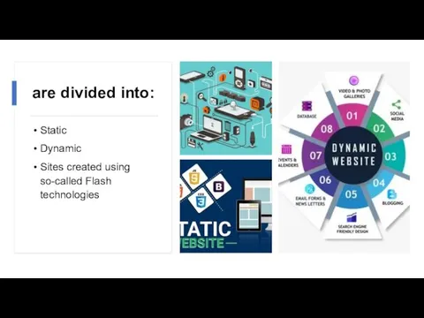 are divided into: Static Dynamic Sites created using so-called Flash technologies