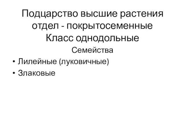 Подцарство высшие растения отдел - покрытосеменные Класс однодольные Семейства Лилейные (луковичные) Злаковые