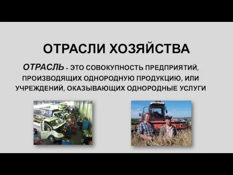 ОТРАСЛИ ХОЗЯЙСТВА ОТРАСЛЬ - ЭТО СОВОКУПНОСТЬ ПРЕДПРИЯТИЙ, ПРОИЗВОДЯЩИХ ОДНОРОДНУЮ ПРОДУКЦИЮ, ИЛИ УЧРЕЖДЕНИЙ, ОКАЗЫВАЮЩИХ ОДНОРОДНЫЕ УСЛУГИ