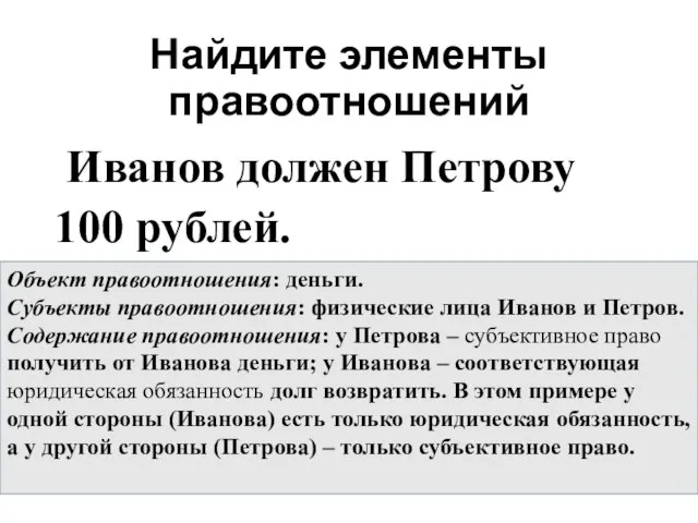 Найдите элементы правоотношений Иванов должен Петрову 100 рублей. Объект правоотношения: деньги. Субъекты