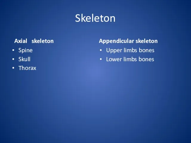 Skeleton Axial skeleton Spine Skull Thorax Appendicular skeleton Upper limbs bones Lower limbs bones