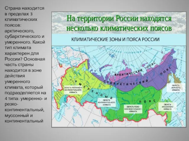 Страна находится в пределах 3 климатических поясов: арктического, субарктического и умеренного. Какой