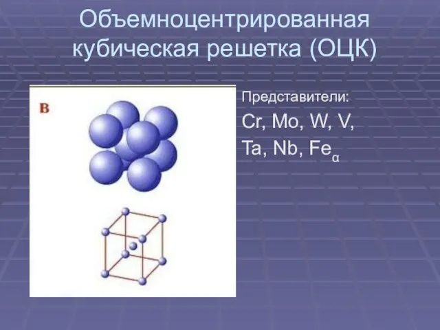 Объемноцентрированная кубическая решетка (ОЦК) Представители: Cr, Mo, W, V, Ta, Nb, Feα