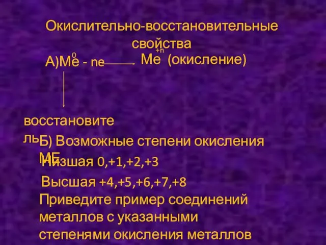 Окислительно-восстановительные свойства А)Ме - ne Ме (окисление) восстановитель 0 +n Б) Возможные