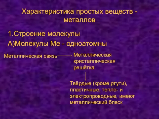 Характеристика простых веществ -металлов 1.Строение молекулы А)Молекулы Ме - одноатомны Металлическая связь