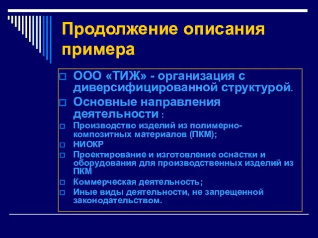 Продолжение описания примера ООО «ТИЖ» - организация с диверсифицированной структурой. Основные направления