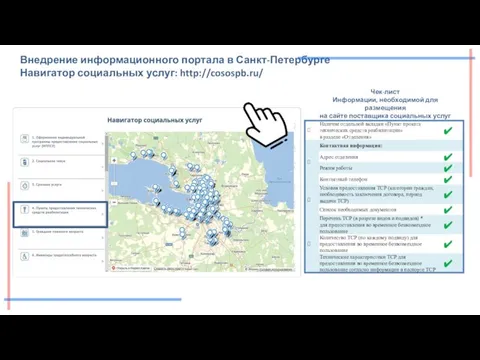 Внедрение информационного портала в Санкт-Петербурге Навигатор социальных услуг: http://cosospb.ru/ Чек-лист Информации, необходимой