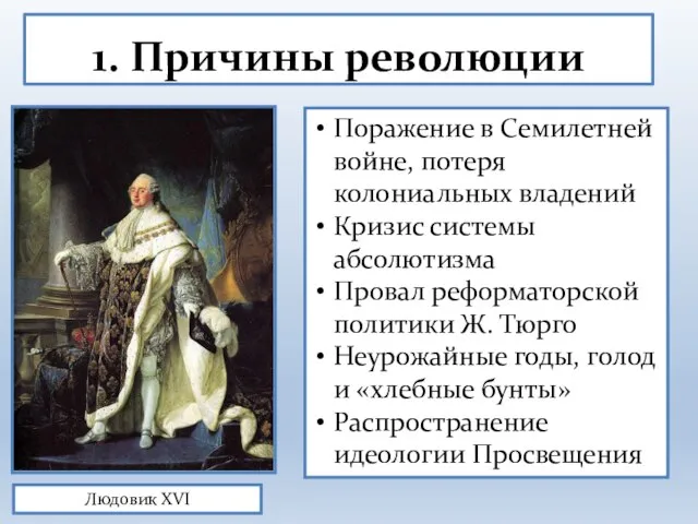 1. Причины революции Людовик XVI Поражение в Семилетней войне, потеря колониальных владений