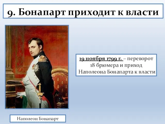 9. Бонапарт приходит к власти Наполеон Бонапарт 19 ноября 1799 г. –