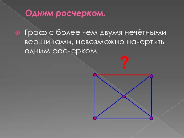 Одним росчерком. Граф с более чем двумя нечётными вершинами, невозможно начертить одним росчерком. ?