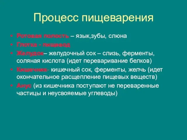 Процесс пищеварения Ротовая полость – язык,зубы, слюна Глотка - пищевод Желудок– желудочный