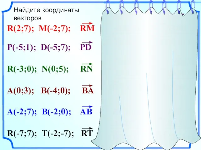 Найдите координаты векторов R(2; 7) M(-2;7) P(-5; 1) D(-5;7) R(-3;0) N(0; 5)