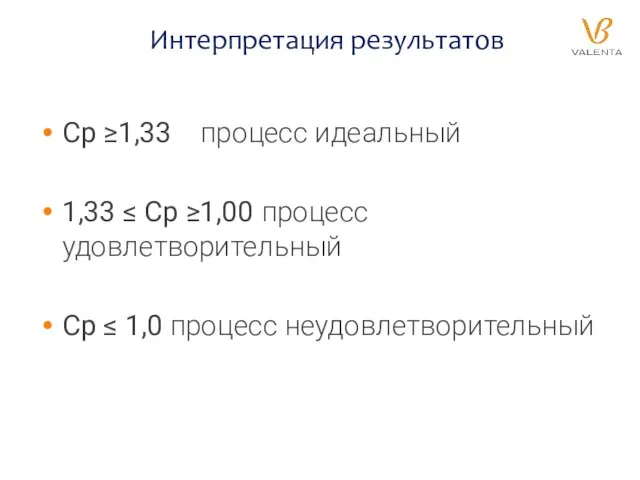 Интерпретация результатов Сp ≥1,33 процесс идеальный 1,33 ≤ Сp ≥1,00 процесс удовлетворительный