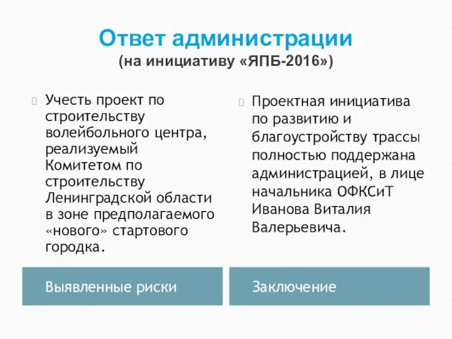 Ответ администрации (на инициативу «ЯПБ-2016») Выявленные риски Заключение Проектная инициатива по развитию