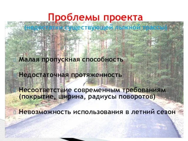 Малая пропускная способность Недостаточная протяженность Несоответствие современным требованиям (покрытие, ширина, радиусы поворотов)