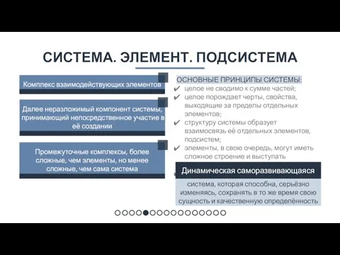 СИСТЕМА. ЭЛЕМЕНТ. ПОДСИСТЕМА Комплекс взаимодействующих элементов Далее неразложимый компонент системы, принимающий непосредственное