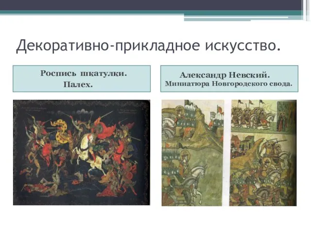 Декоративно-прикладное искусство. Роспись шкатулки. Палех. Александр Невский. Миниатюра Новгородского свода.