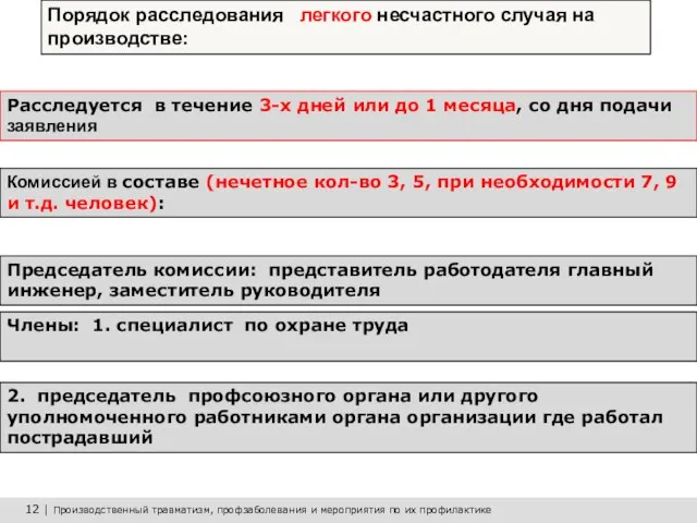 12 | Производственный травматизм, профзаболевания и мероприятия по их профилактике Председатель комиссии: