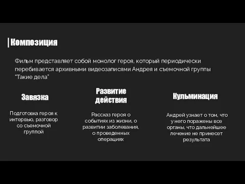 Композиция Фильм представляет собой монолог героя, который периодически перебивается архивными видеозаписями Андрея