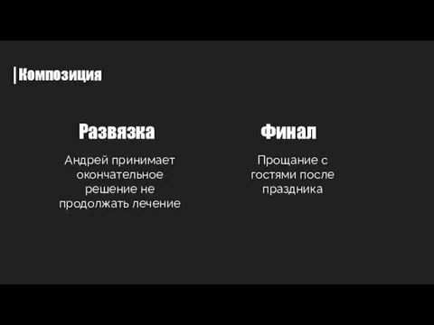 Развязка Финал Композиция Андрей принимает окончательное решение не продолжать лечение Прощание с гостями после праздника