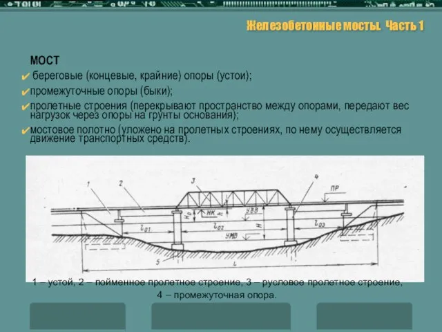 Железобетонные мосты. Часть 1 МОСТ береговые (концевые, крайние) опоры (устои); промежуточные опоры