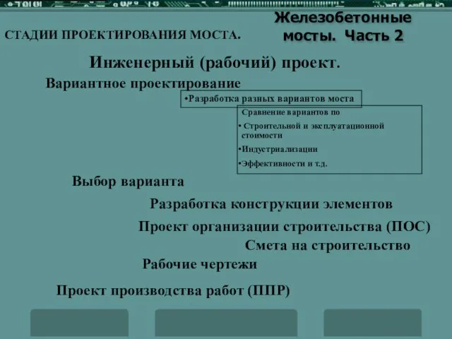 Железобетонные мосты. Часть 2 СТАДИИ ПРОЕКТИРОВАНИЯ МОСТА. Инженерный (рабочий) проект. Вариантное проектирование