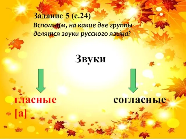 Звуки гласные согласные [а] Задание 5 (с.24) Вспомним, на какие две группы делятся звуки русского языка?