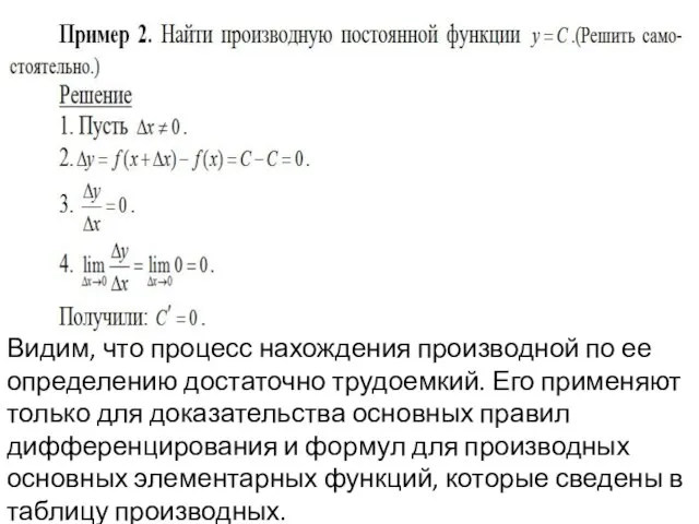 Видим, что процесс нахождения производной по ее определению достаточно трудоемкий. Его применяют