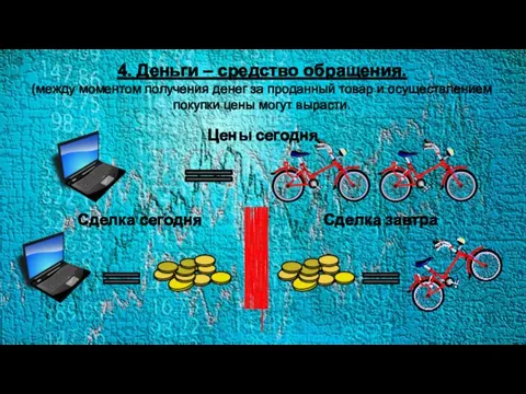 4. Деньги – средство обращения. (между моментом получения денег за проданный товар