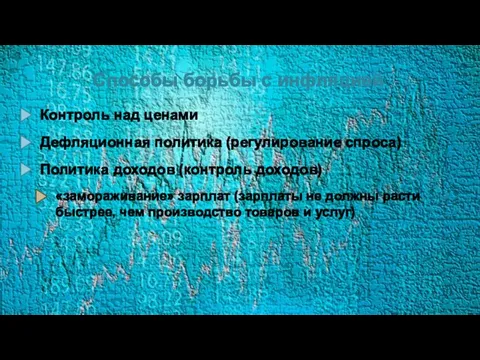 Способы борьбы с инфляцией Контроль над ценами Дефляционная политика (регулирование спроса) Политика