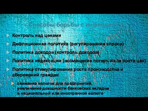 Способы борьбы с инфляцией Контроль над ценами Дефляционная политика (регулирование спроса) Политика