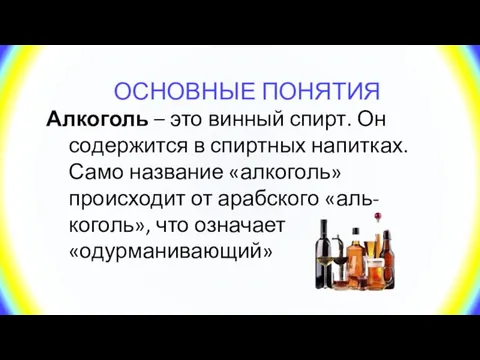 ОСНОВНЫЕ ПОНЯТИЯ Алкоголь – это винный спирт. Он содержится в спиртных напитках.