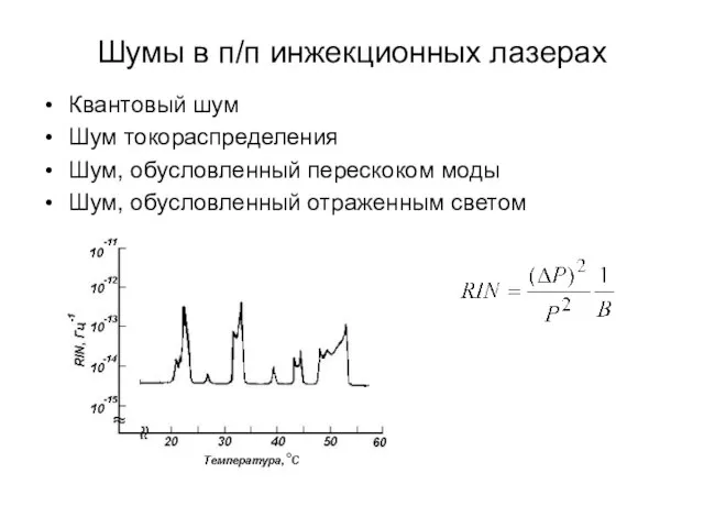 Шумы в п/п инжекционных лазерах Квантовый шум Шум токораспределения Шум, обусловленный перескоком