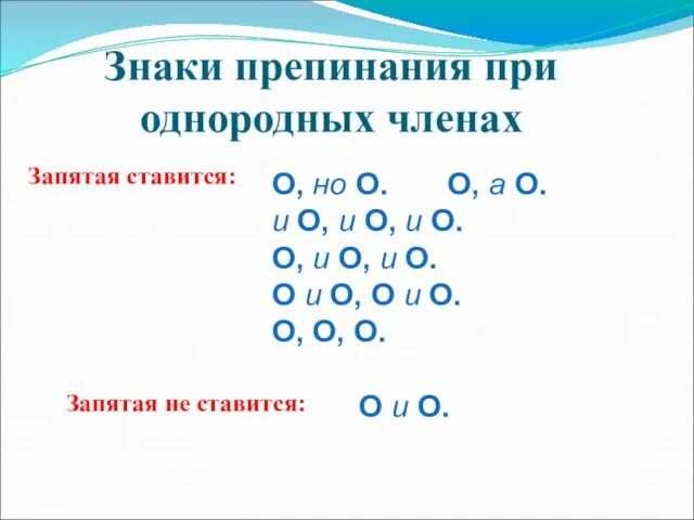 Знаки препинания при однородных членах Запятая не ставится: Запятая ставится: O, но