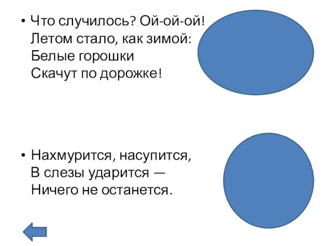 Что случилось? Ой-ой-ой! Летом стало, как зимой: Белые горошки Скачут по дорожке!