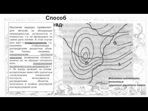 Способ псевдоизолиний Изолинии нередко применяют для явлений, не обладающих непрерывностью, сплошностью и