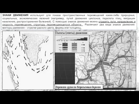 ЗНАКИ ДВИЖЕНИЯ используют для показа пространственных перемещений каких-либо природных, социальных, экономических явлений