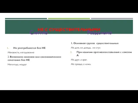 НЕ С СУЩЕСТВИТЕЛЬНЫМИ Слитно Не употребляется без НЕ Ненависть, негодование 2. Возможен